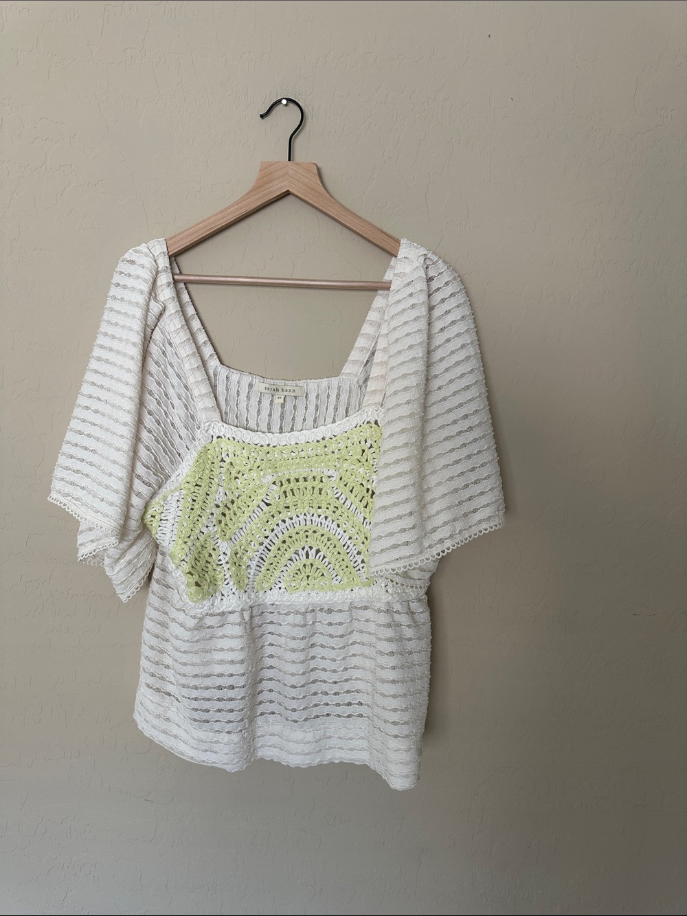 Anthropologie White Crochet Flutter Sleeve Top with Lemon Accent XL